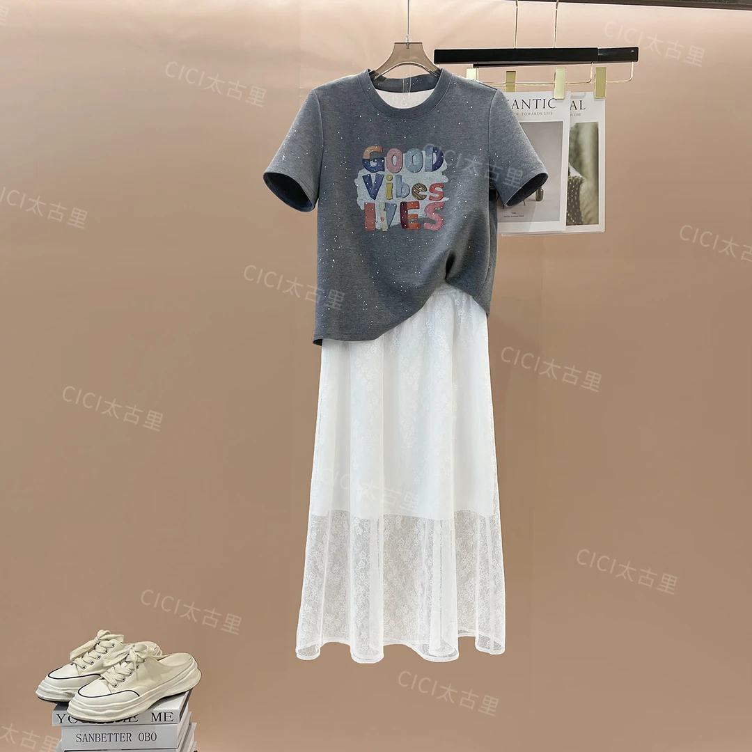 夏季新款印花显瘦短袖T恤+高腰休闲半身裙两件套LL-4000181