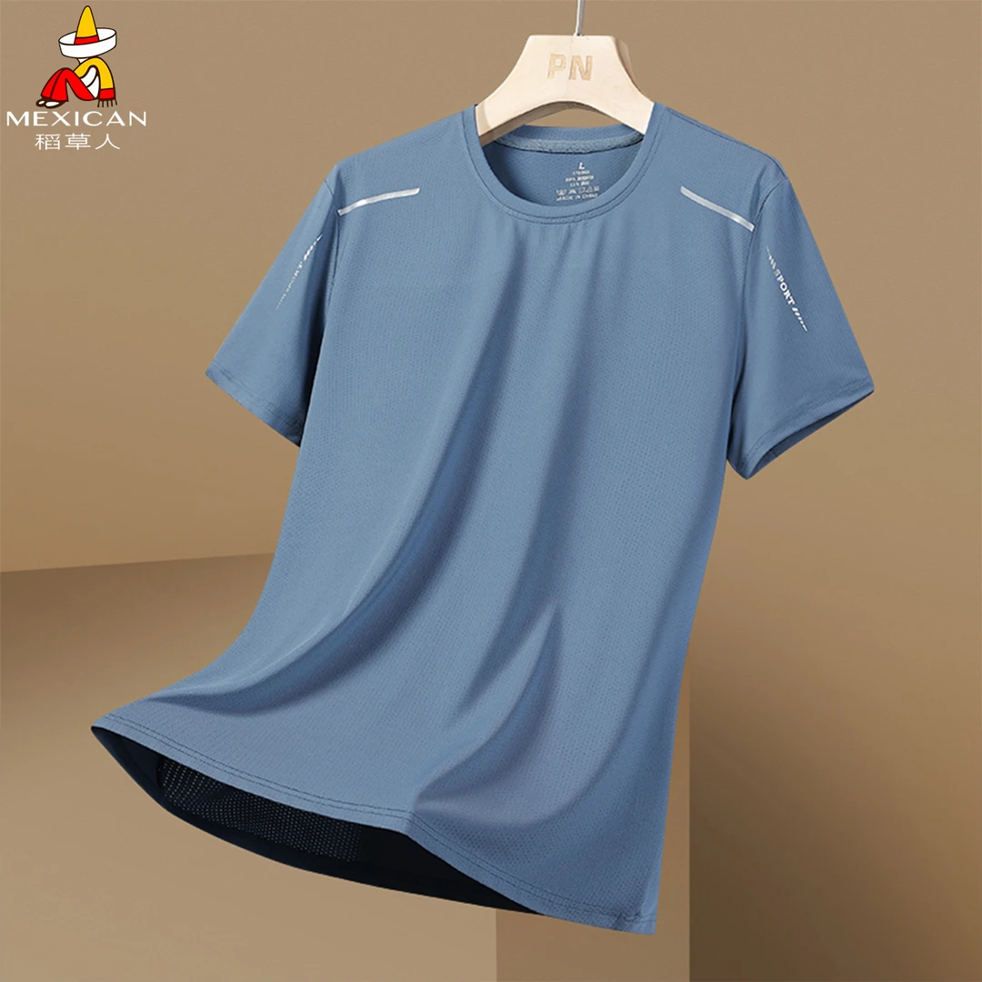 稻草人宽松男圆领透气速干弹力运动夏季T恤休闲运动半袖t恤上衣