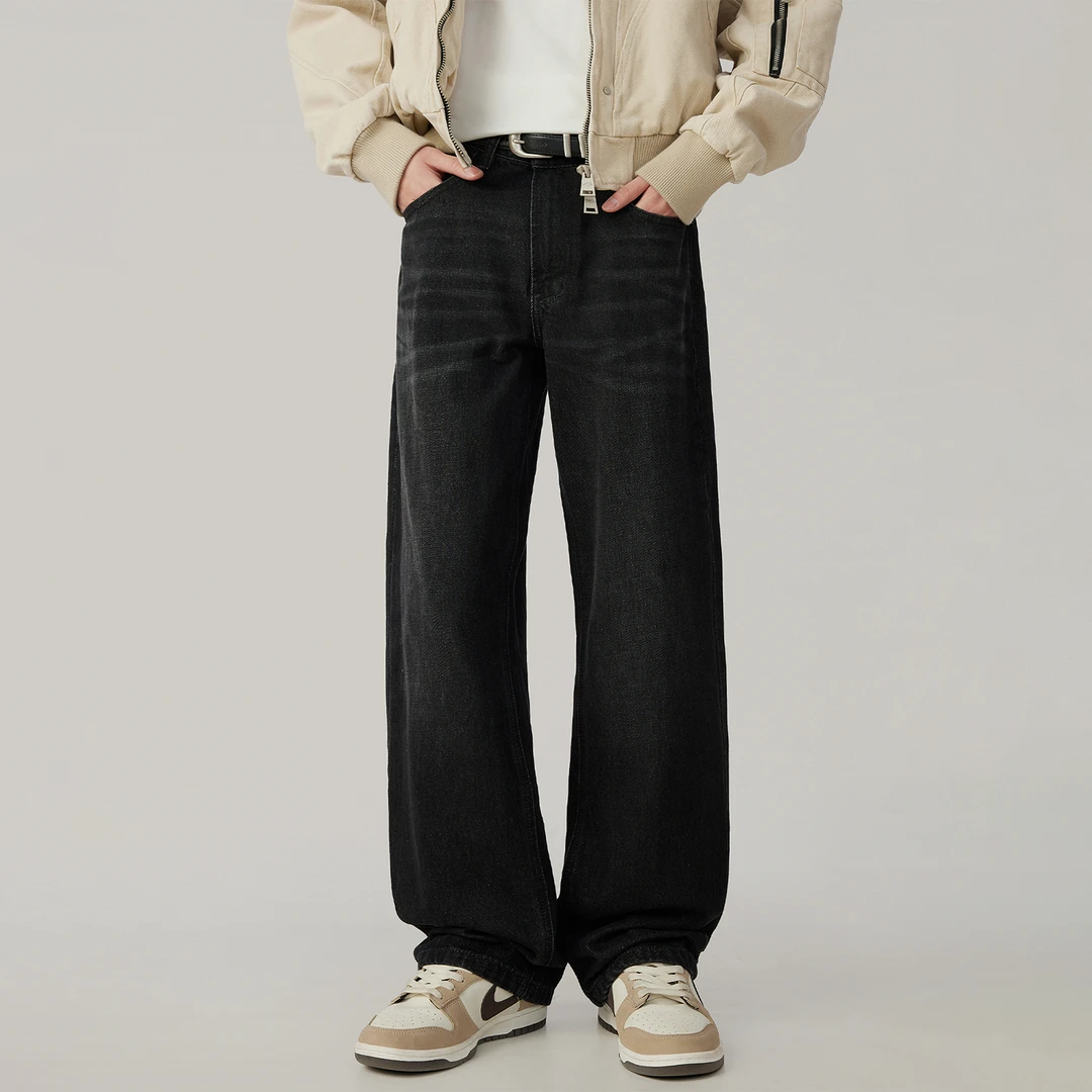Wpooll美式高街cleanfit牛仔裤男潮牌复古痞帅黑色宽松直筒长裤男