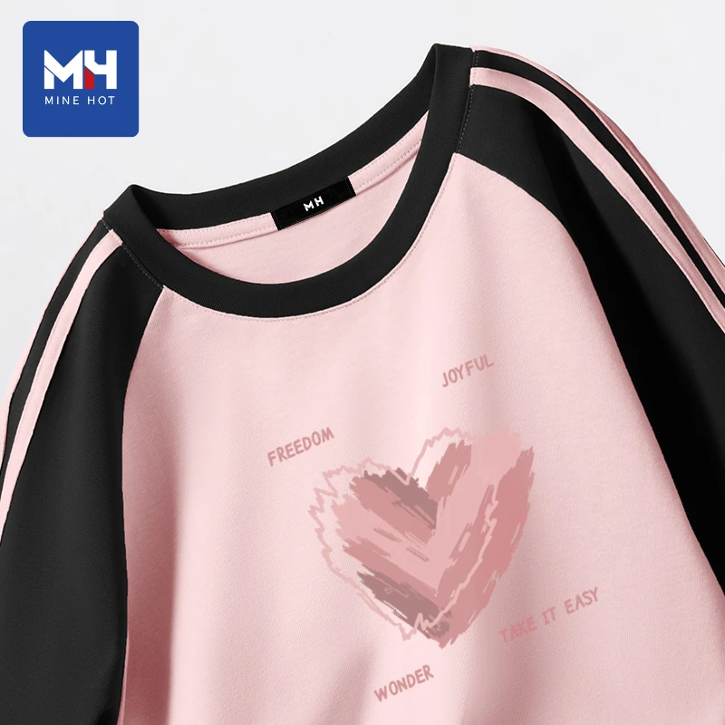 唐狮集团MH粉色撞色插肩t恤女纯棉早秋款洋气宽松休闲长袖上衣P