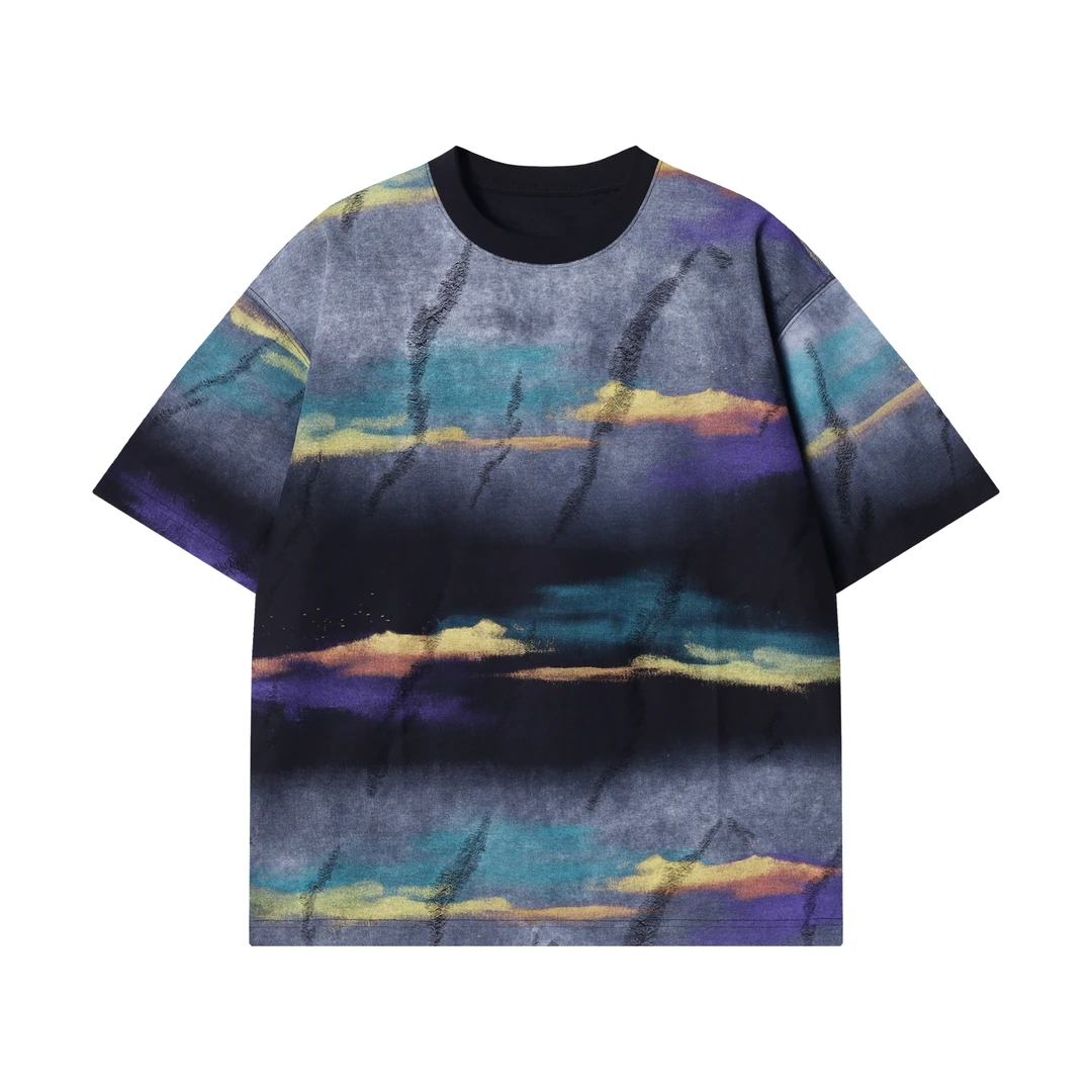 夏季高级感新款美式潮牌彩绘圆领短袖T恤百搭潮流宽松套头上衣