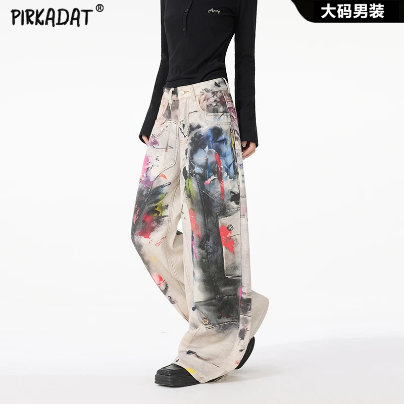 Pirkadat高街做旧脏洗涂鸦牛仔裤潮牌美式新款街头宽松直筒长裤男