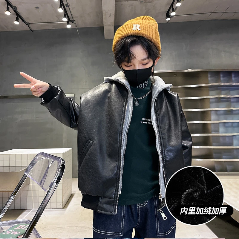 男童加绒皮衣外套2025新款中大童帅气加厚儿童连帽皮夹克洋气上衣