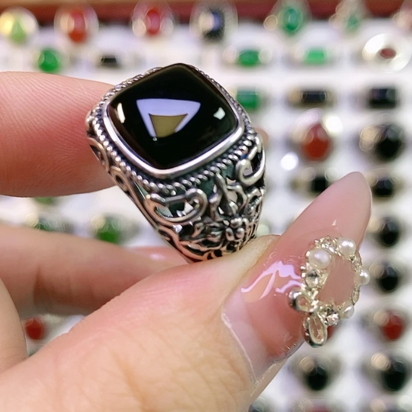 【闪购商品】银S925镶嵌戒指玛瑙/玉髓情*哥