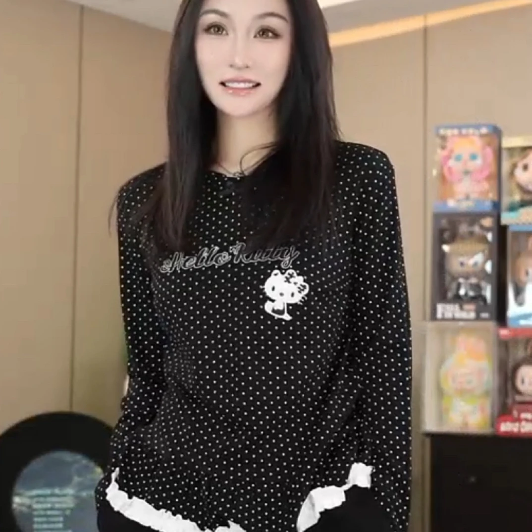 【劉發發】K109【黑色斑点kitty长袖】韩版百搭显瘦休闲打底宽松长袖