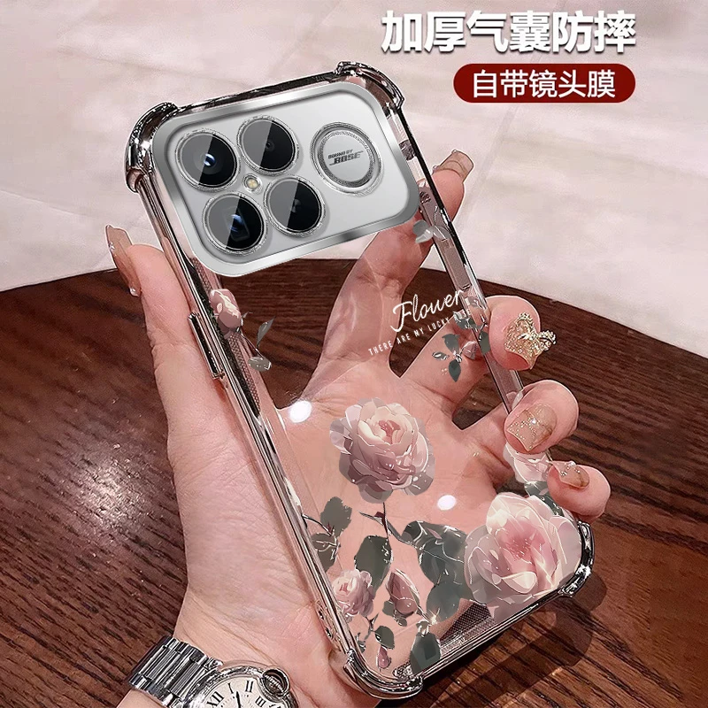 公主风适用红米k90promax手机壳四角防摔K90透明全包带镜头膜玫瑰