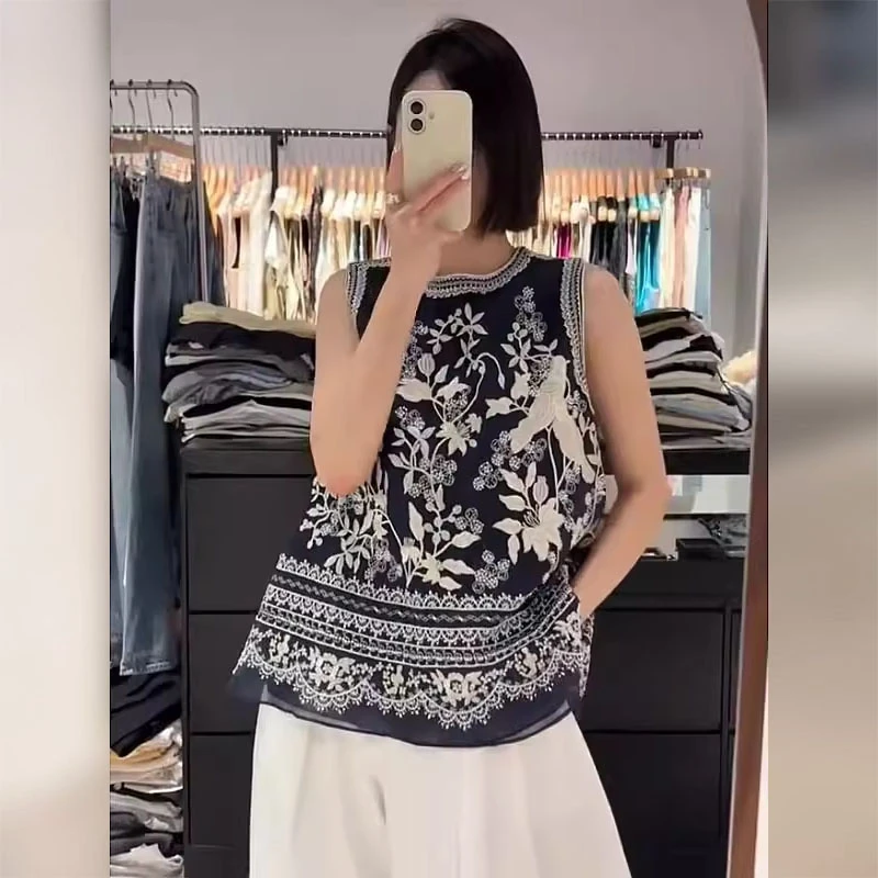 2025超火国风女装新中式法式小资藏蓝色民族风印花无袖背心衬衫夏