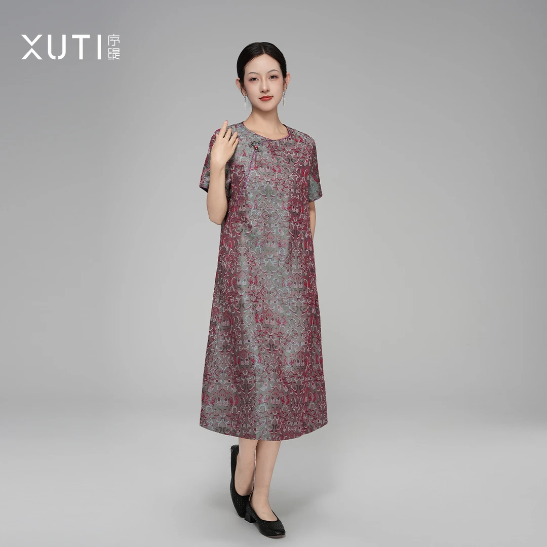 序缇夏季新款复古国风新中式女装桑蚕丝古蜀锦连衣裙J37-18687