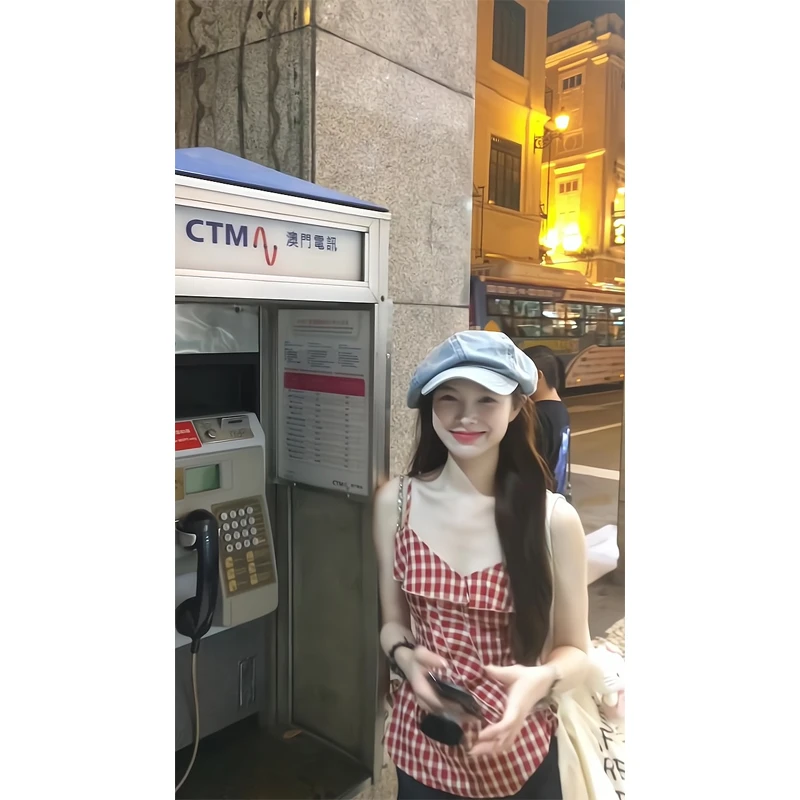 红格子吊带上衣设计感不规则外穿荷叶边上衣直筒宽松休闲阔腿裤女