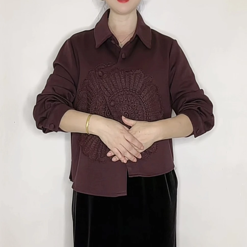 2025秋季新款女士翻领蕾丝拼接纽扣衬衫时尚气质显瘦百搭上衣0919