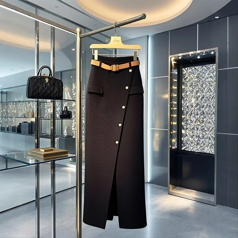 梨型身材遮胯黑色中长款包臀半身裙女2025年冬季加厚高腰开叉裙子