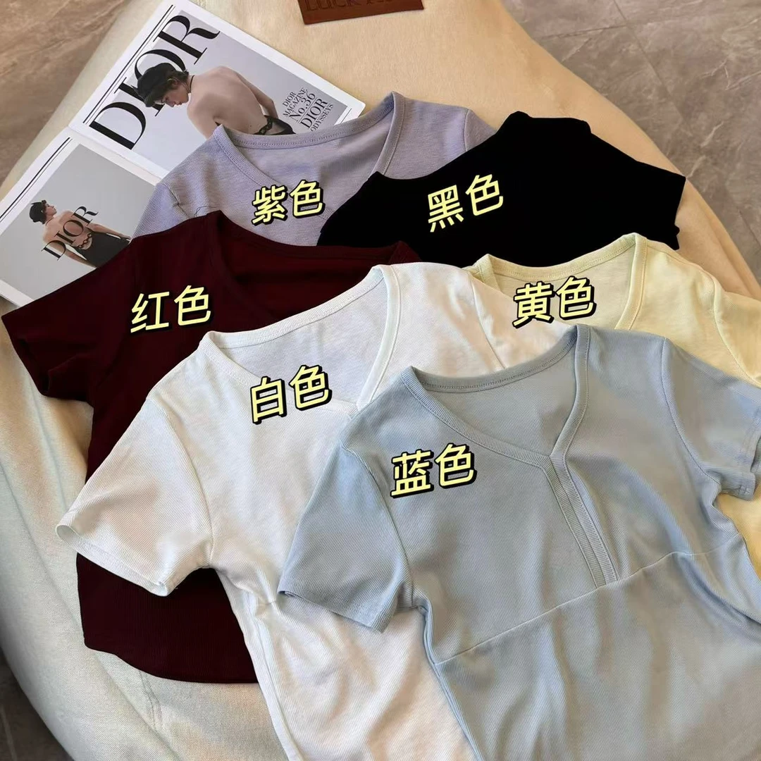 Barbie Siyu【泡泡鱼】828春夏季韩系V领修身正肩纯色T恤