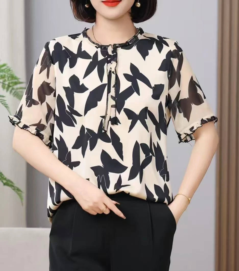 女士夏季蝴蝶领口系绳T恤8602