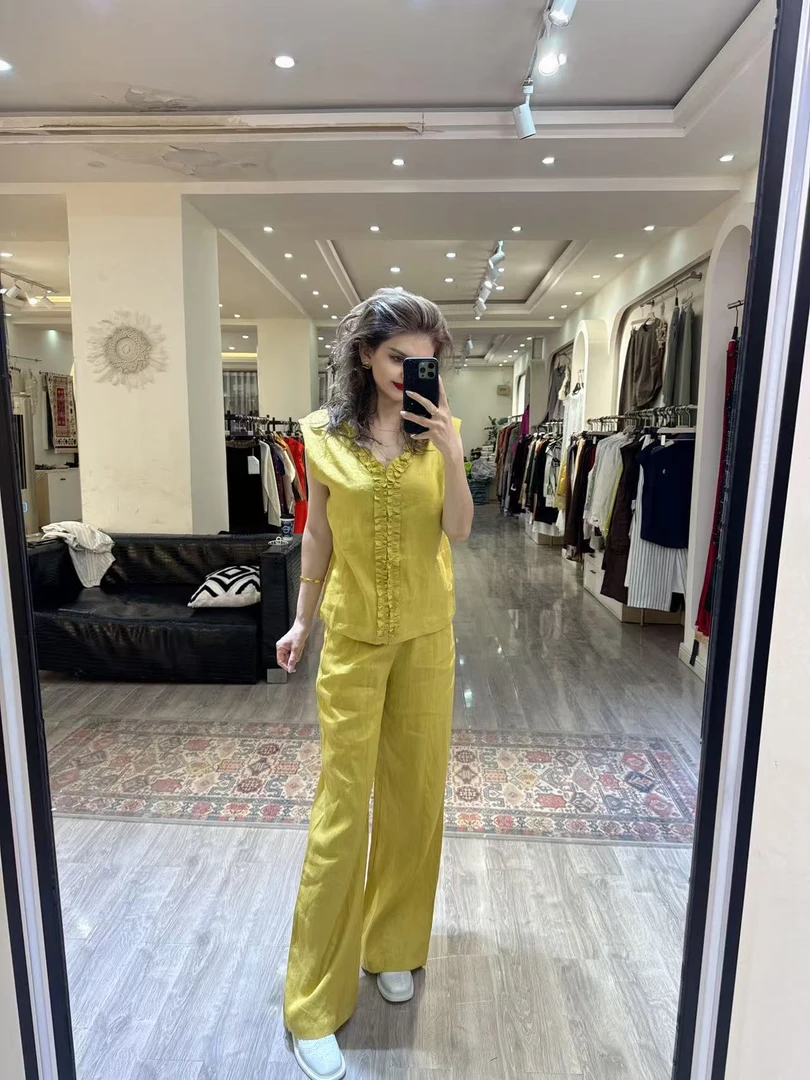 2025年自家原创设计圆领无袖刺绣上衣阔腿裤子两件套套装