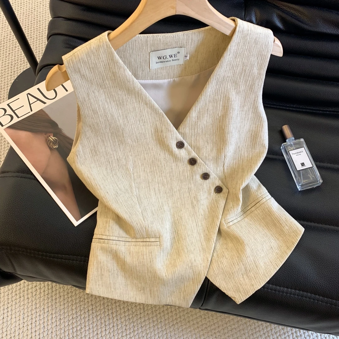 老钱风法式西装亚麻马甲女夏新款不规则设计感背心高级感坎肩马夹