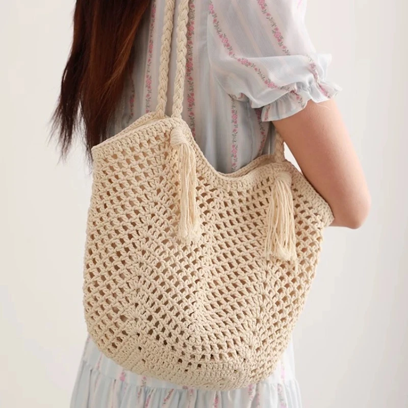 镂空手工编织包女夏季休闲慵懒风大容量针织包海边度假单肩沙滩包