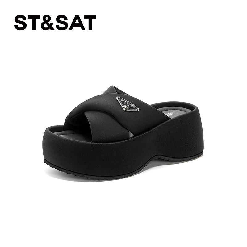 星期六交叉绑带厚底中跟纯色夏季一字拖舒适凉鞋简约沙滩鞋高跟