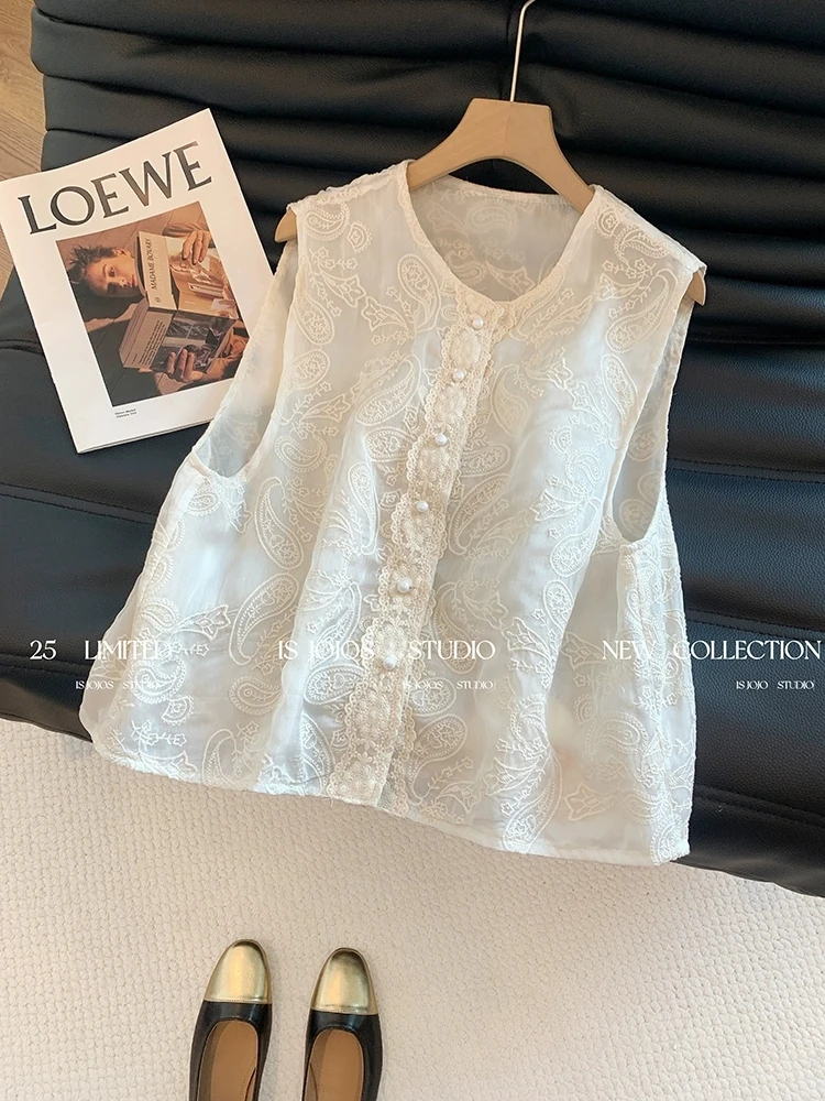 新中式无袖白色衬衫马甲女2025夏季复古国风轻奢气质坎肩背心小衫