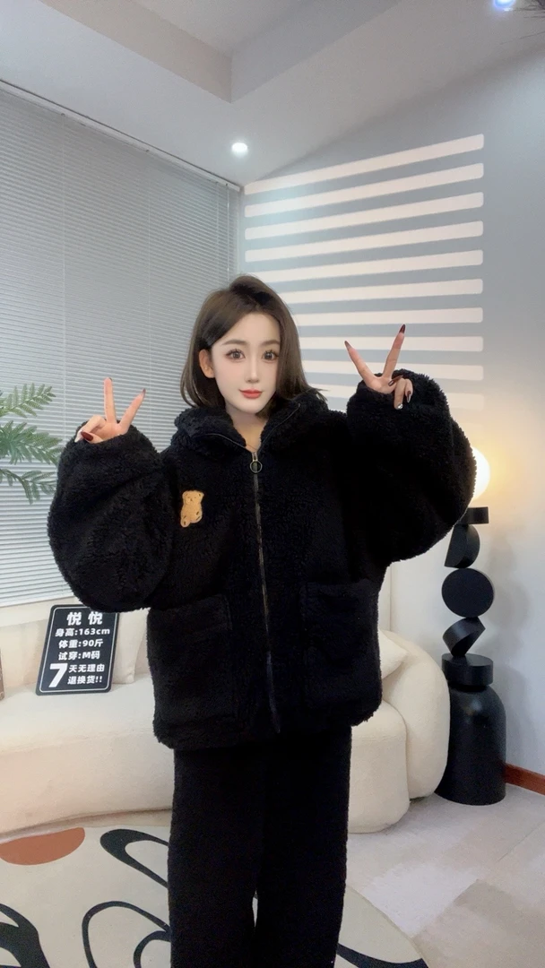 【加厚北羔绒】情侣款睡衣女冬季加绒保暖宽松大码家居服套装克外穿