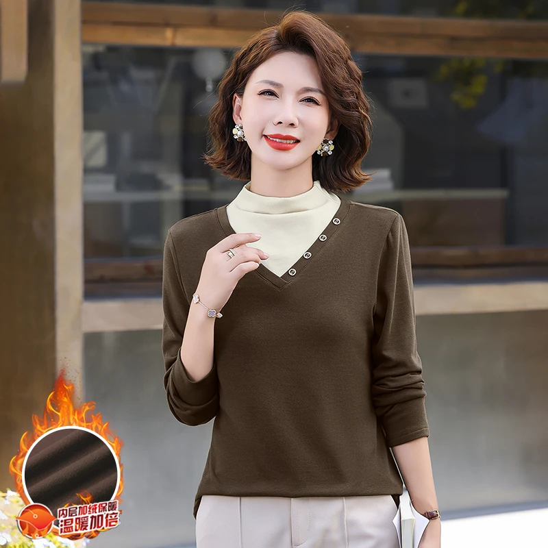 加绒保暖半高领打底衫女假两件长袖T恤秋冬新款洋气保暖内搭上衣