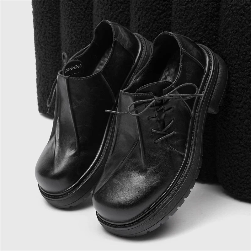 休闲德比鞋黑色大头鞋内增高褶皱潮鞋通勤英伦风男女厚底翘头皮鞋