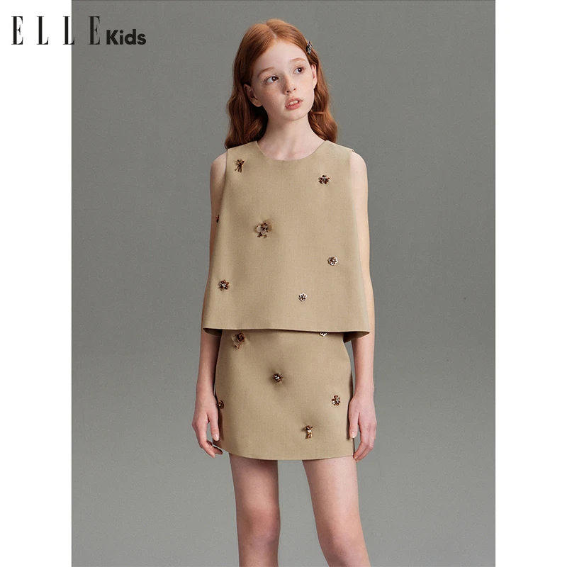 ELLE KIDS 立体手工订花套装女儿童夏季新款廓形马甲+微A半裙A3
