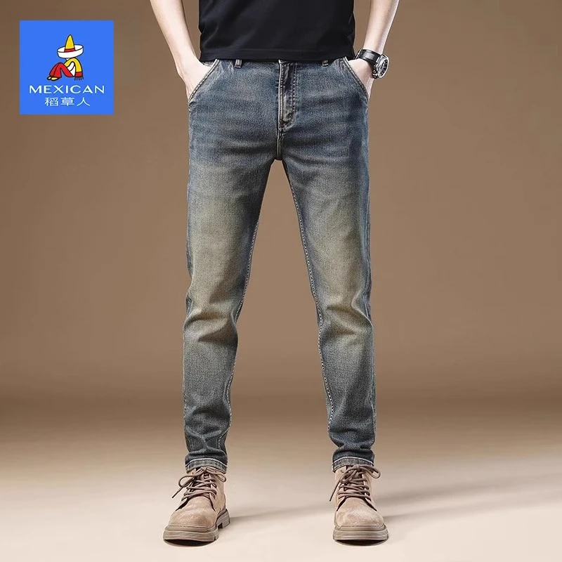 稻草人秋冬加绒保暖高端轻奢潮牌百搭牛仔裤男士修身小脚裤子男款
