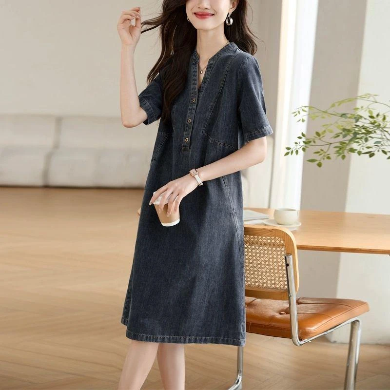 牛仔连衣裙女中长款2025夏季新款韩版宽松大码短袖休闲过膝裙子潮