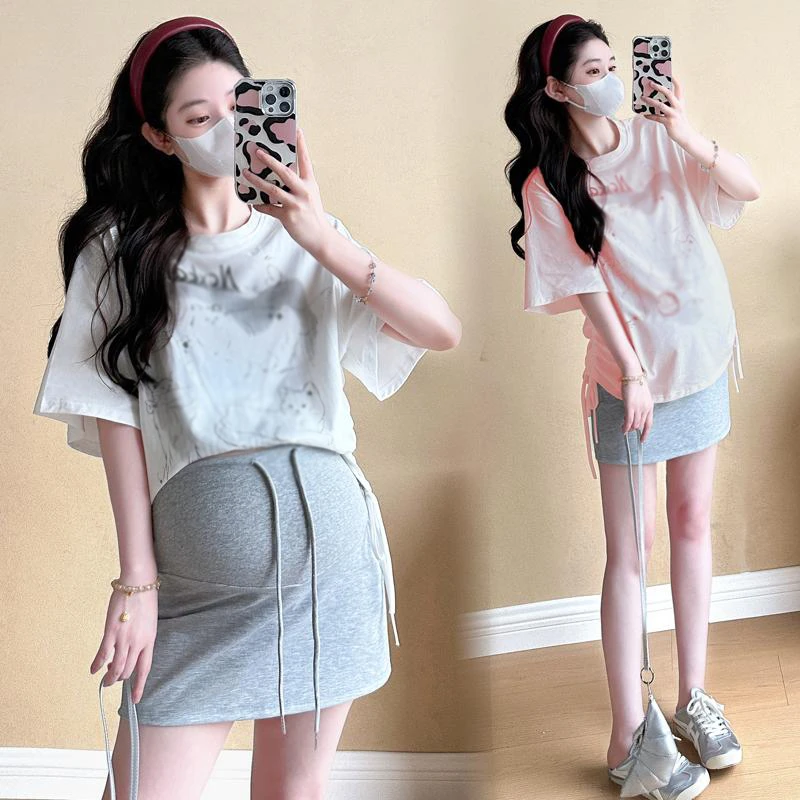 孕妇夏装套装2025新款包臀小短裙+抽绳上衣卡通减龄套装休闲时尚