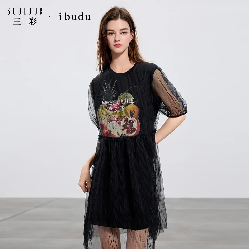 三彩ibudu2025夏季新款宽松假两件连衣裙网纱水果印花T恤裙女