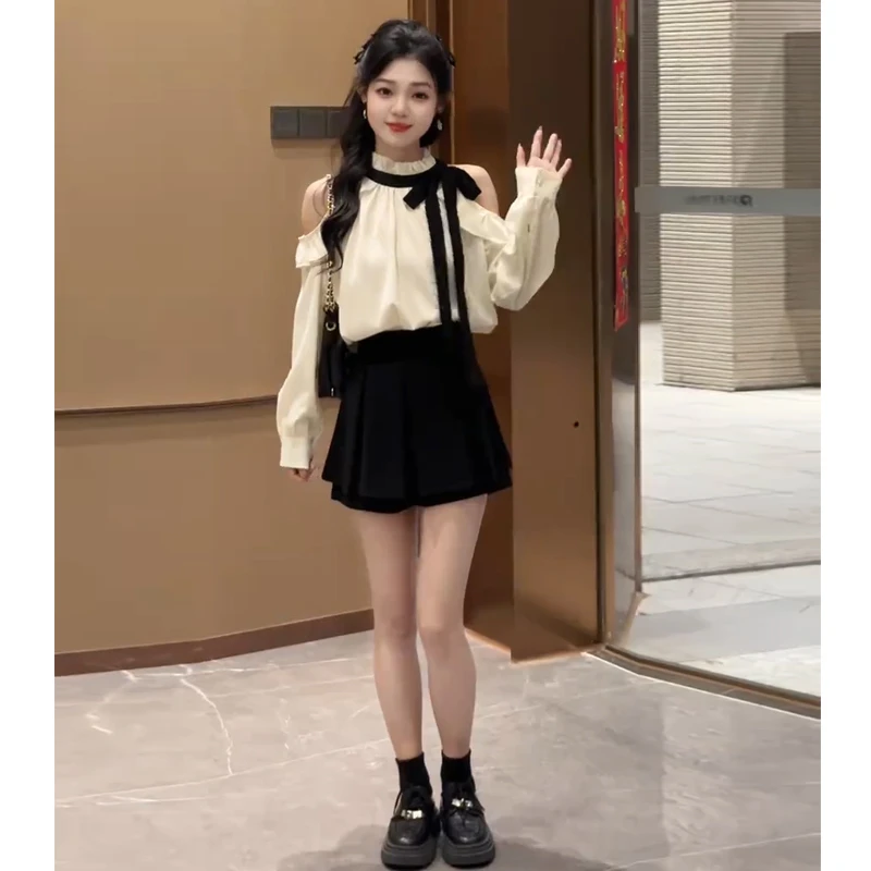 韩系风格穿搭一整套女春季新款温柔风甜美露肩衬衫+半身裙两件套