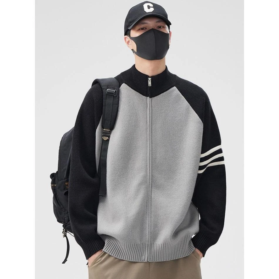 春秋季新款条纹开衫毛衣休闲百搭立领上衣时尚小众拼接链打底衫男