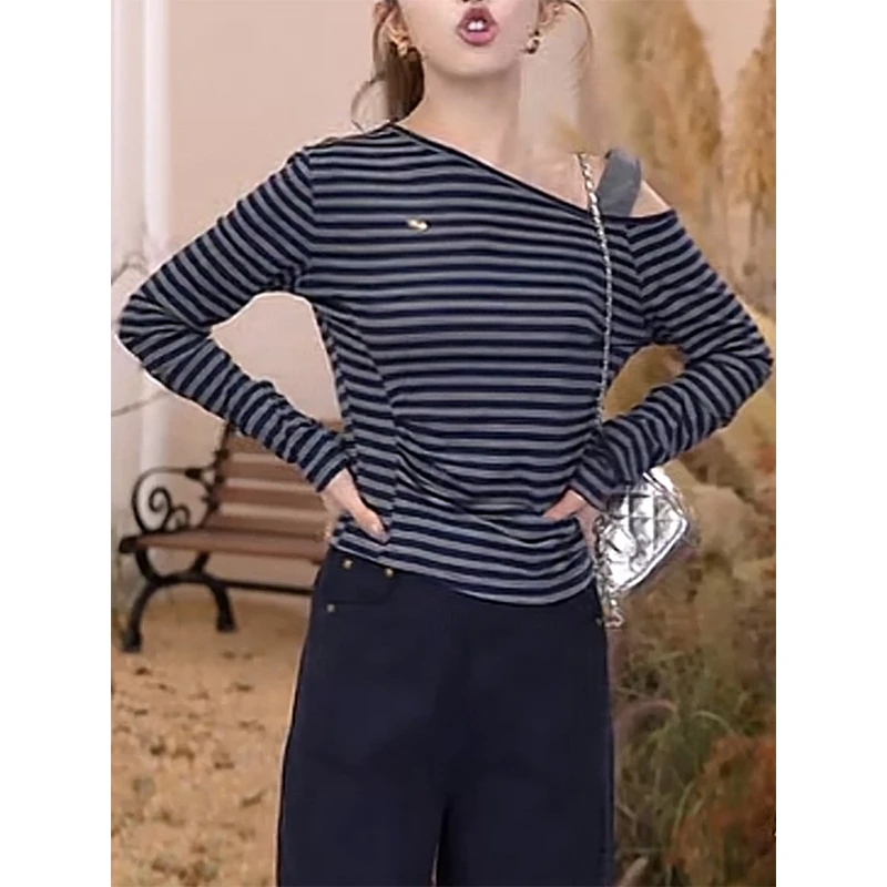 韩系设计感条纹斜肩长袖T恤女2025秋季新款小众洋气质独特小上衣