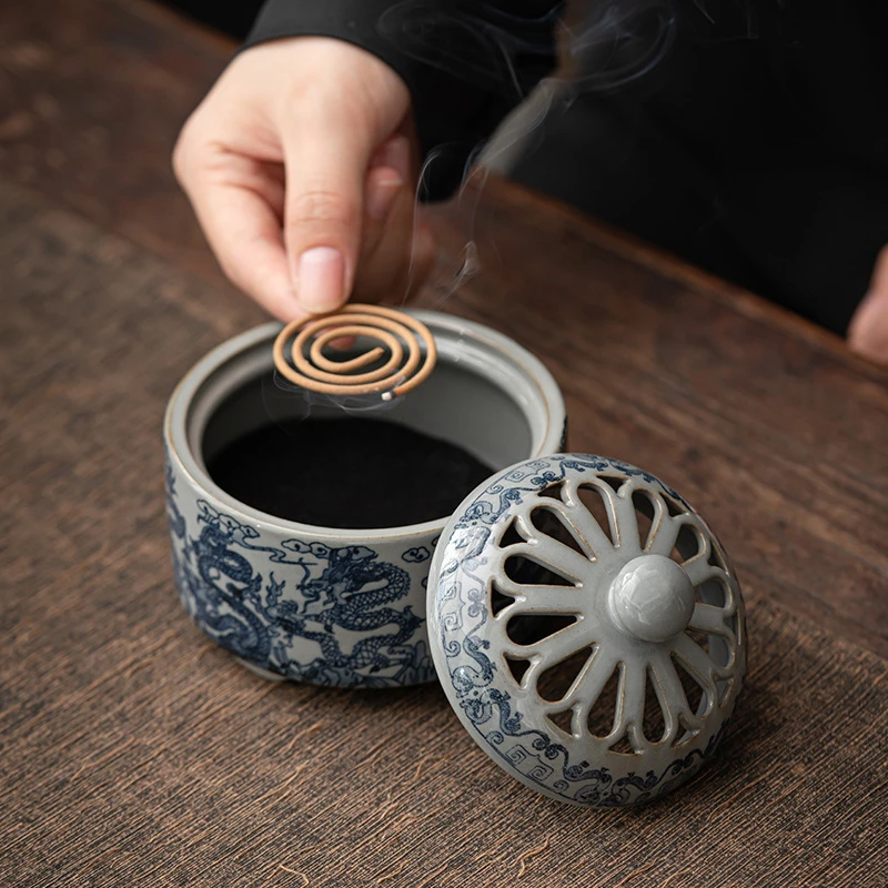 古陶泥香炉 仿古青花陶瓷盘香工艺品熏香摆件香薰炉家居香插香道
