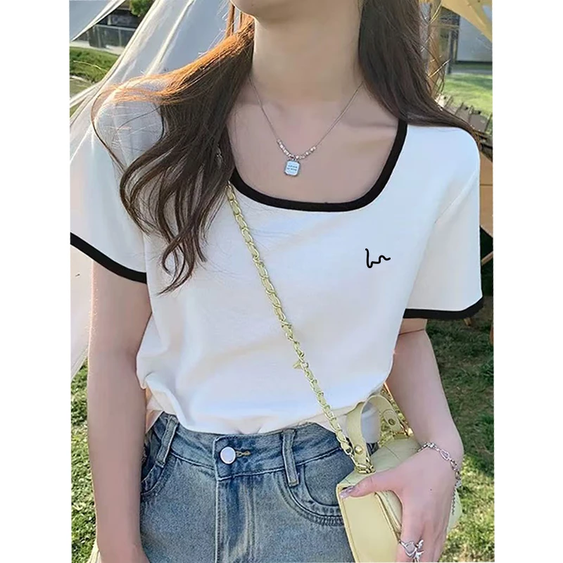 韩版设计感小众别致正肩短袖T恤女2025夏季新款撞色方领显瘦上衣