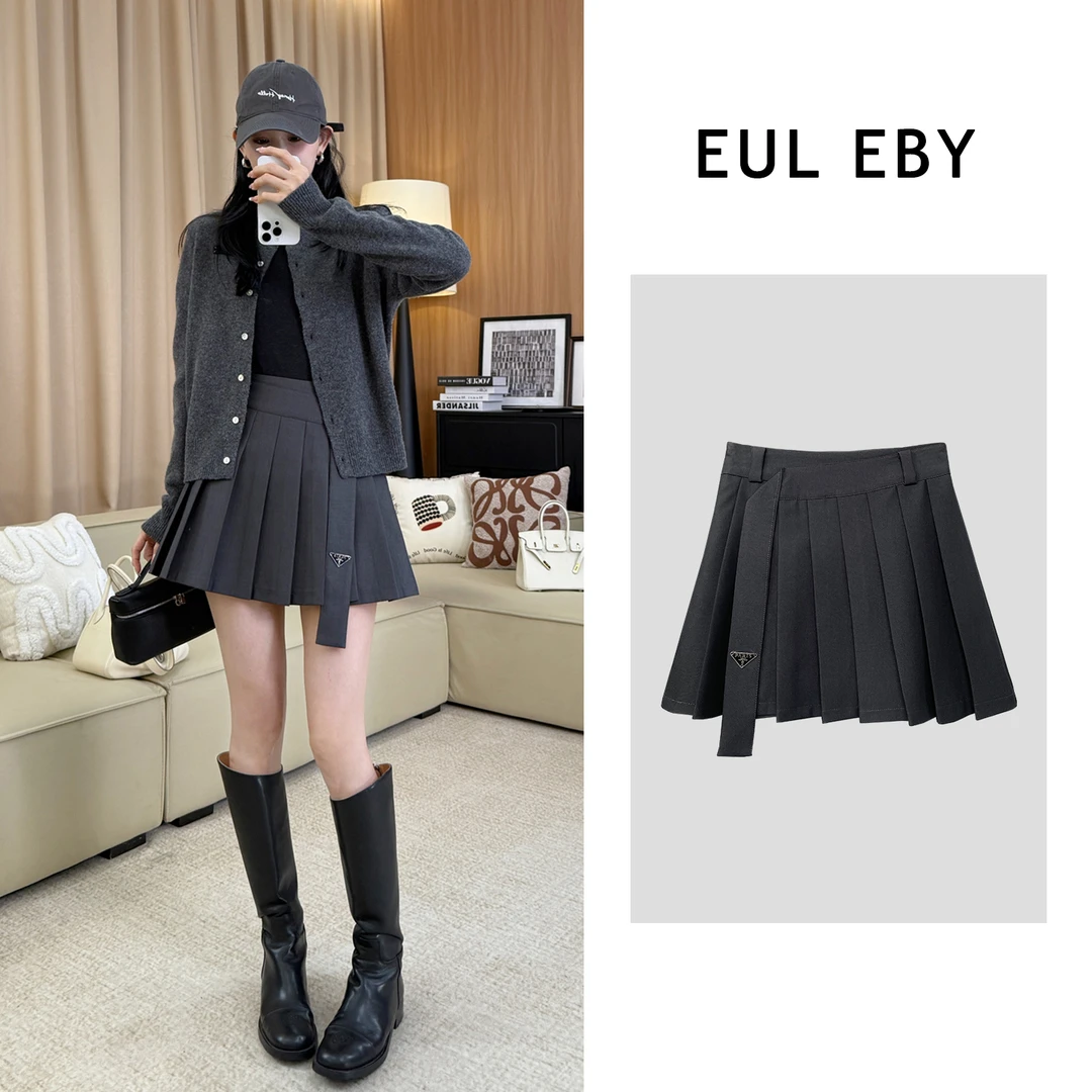 EUL EBY学院风百褶裙气质减龄半身裙飘带设计微胖大码短裙251083#