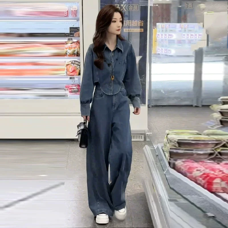 时尚牛仔套装女2025早秋新款时髦洋气设计感长袖衬衫阔腿裤两件套