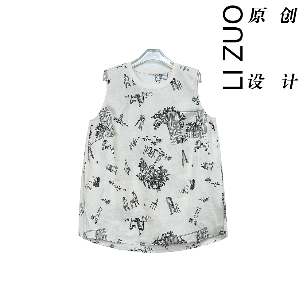 大码胖mm老钱风新中式纯亚麻数码印花扁机领无袖套头T恤上衣9159