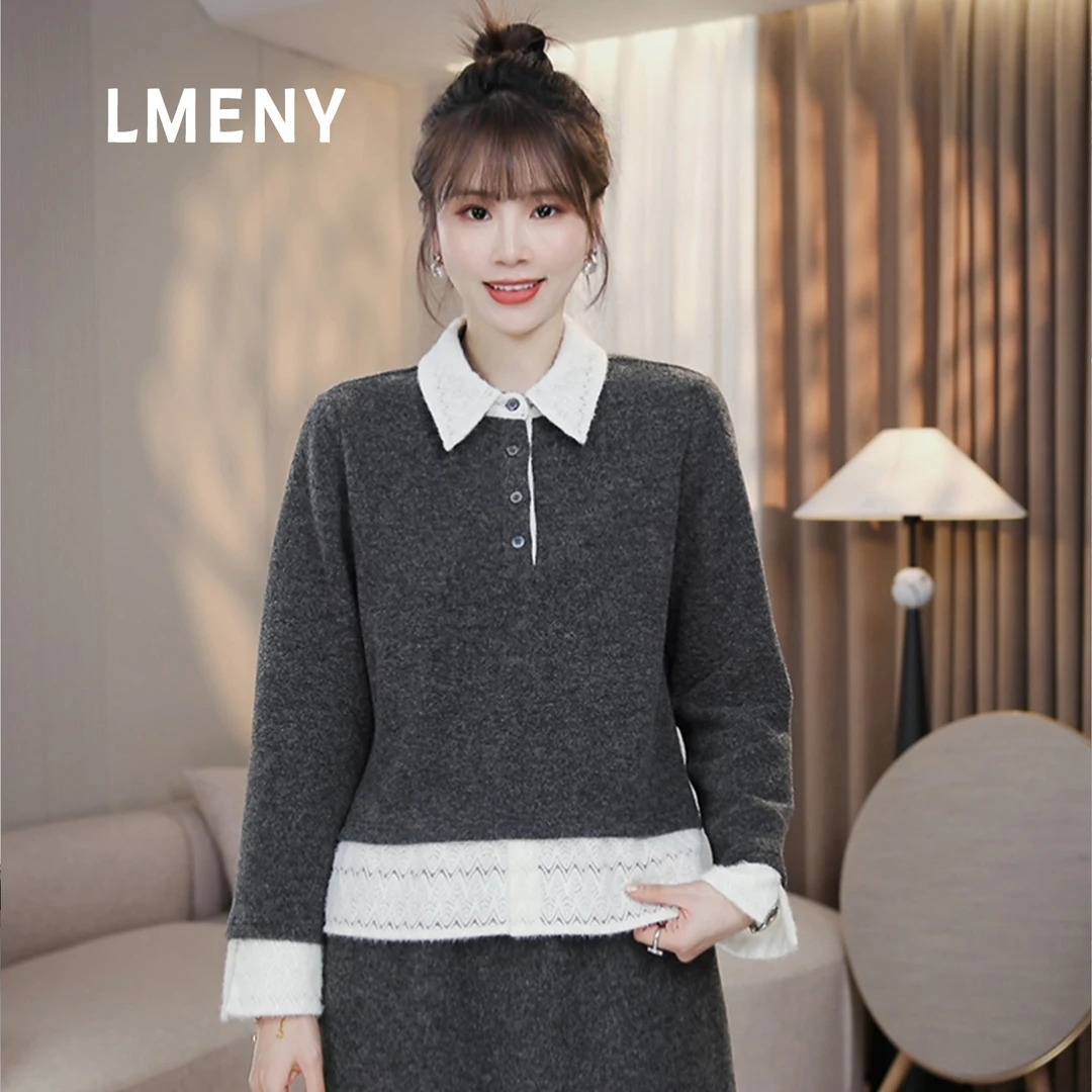LMENY“小美好”减龄假两件~绵羊毛加厚翻领蕾丝拼接衬衫25DM047