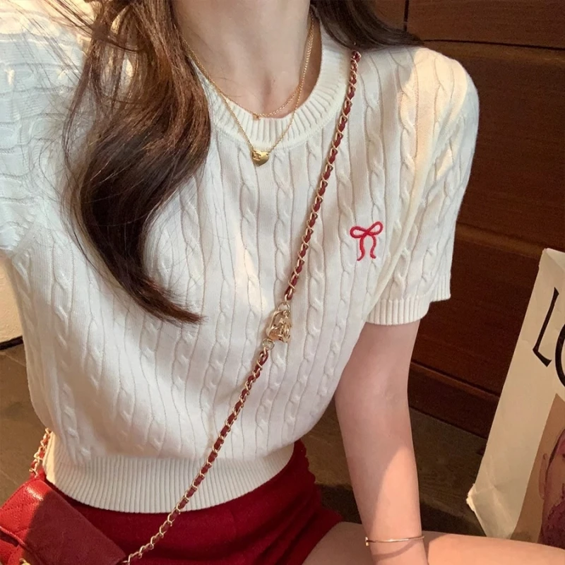 女装百搭圆领蝴蝶结针织短袖女2025新款百搭红色上衣清洗显白可爱