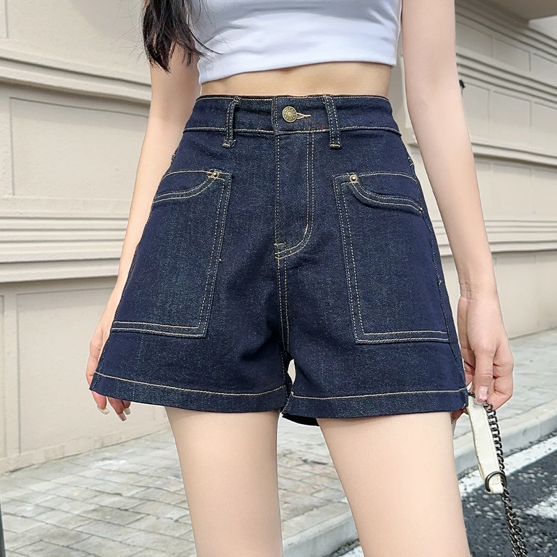 深蓝色高腰牛仔短裤女2025年夏季新款宽松显瘦a字阔腿辣妹热裤子