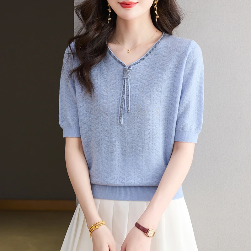 粉色蝴蝶结短袖t恤女2025新款夏洋气别致冰丝针织衫上衣半袖体恤