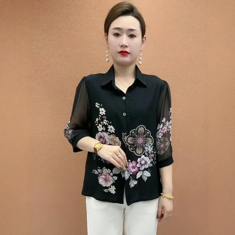 中年女装七分袖衬衫女洋气定位花春夏薄款时尚减龄宽松百搭上衣