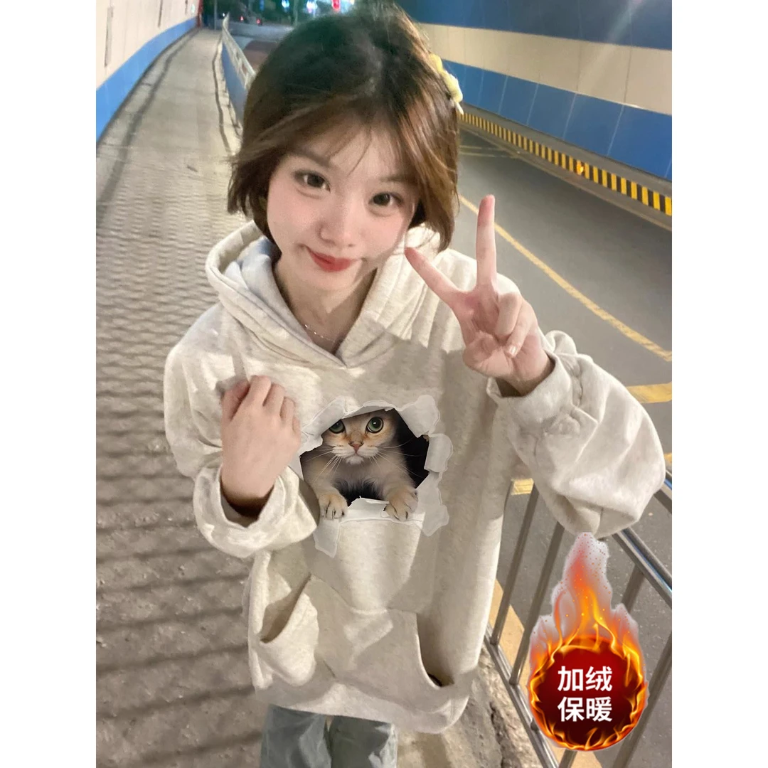 爆款薄款卫衣女秋冬韩版新款设计感字母印花宽松加绒加厚连帽上衣