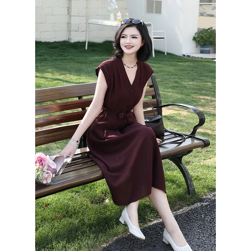 枫竺女装阿楠anan气质V领无袖设计感夏季新款收腰中长款女连衣裙