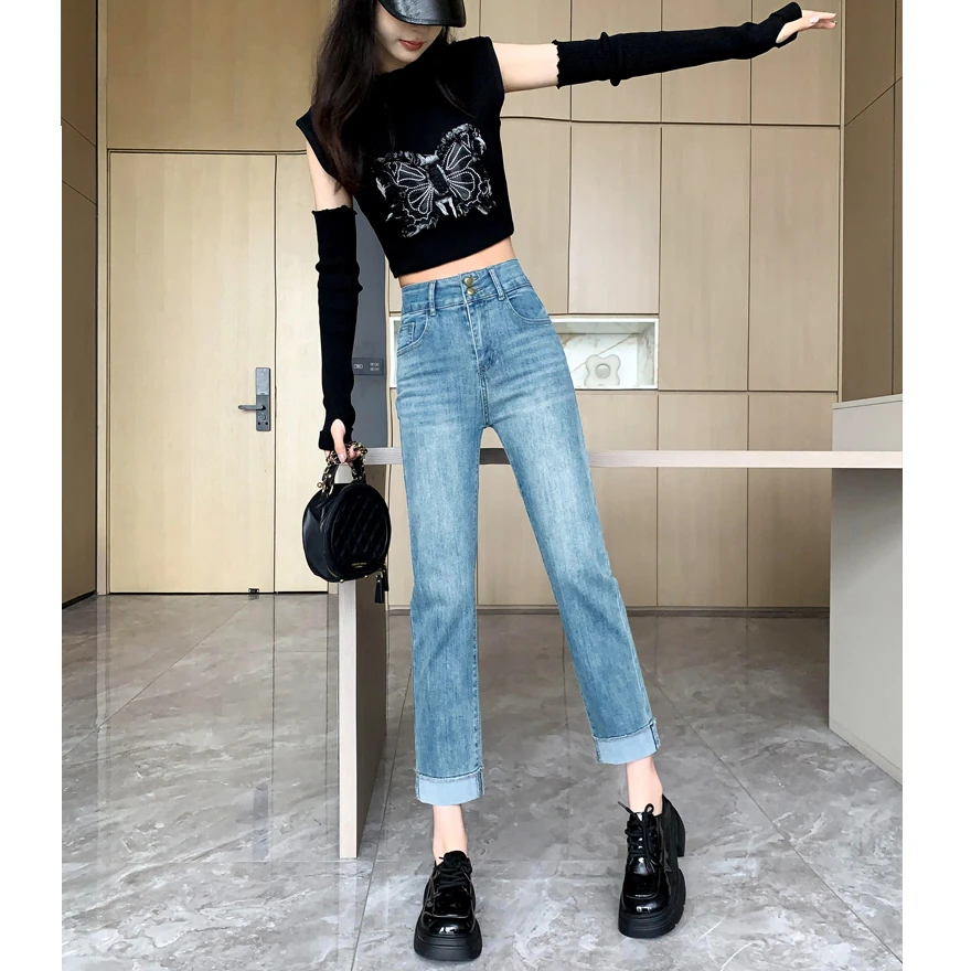 运费险+现货 夏季牛仔裤女弹力小个子八分直筒显瘦新款薄款烟管裤