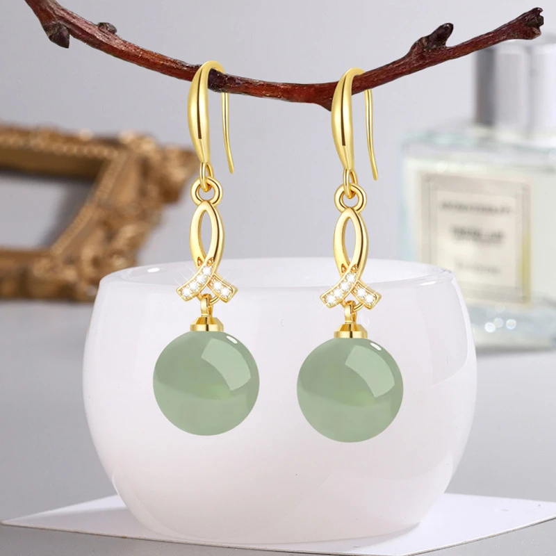 925银耳饰 S925纯银耳勾仿和田玉耳环女仿玉髓东陵绿石耳坠