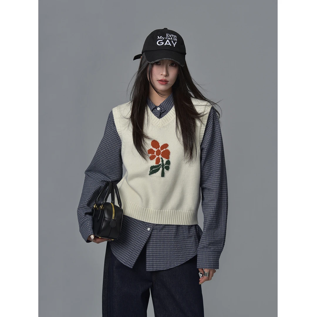 SIXI四喜家 春日小调 提花针织衫背心女春季叠穿修身短款马甲上衣