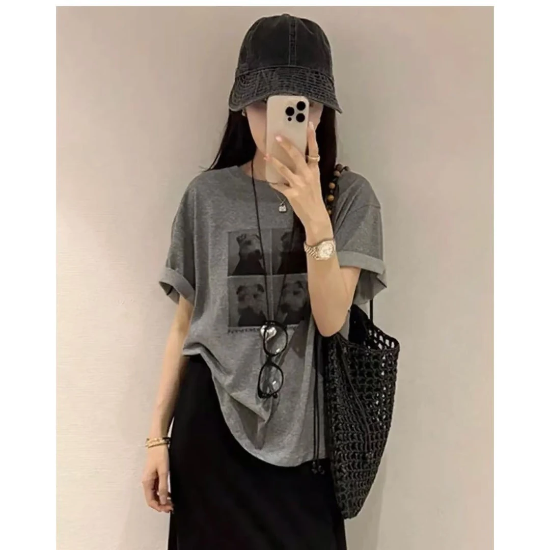 夏天穿搭2025休闲韩版灰色印花T恤百搭高腰半身裙两件套女#5044