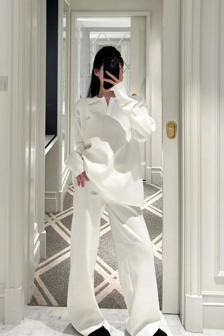 秋季韩版polo领针织套装*欧美慵懒风针织毛衣阔腿裤健身运动套装